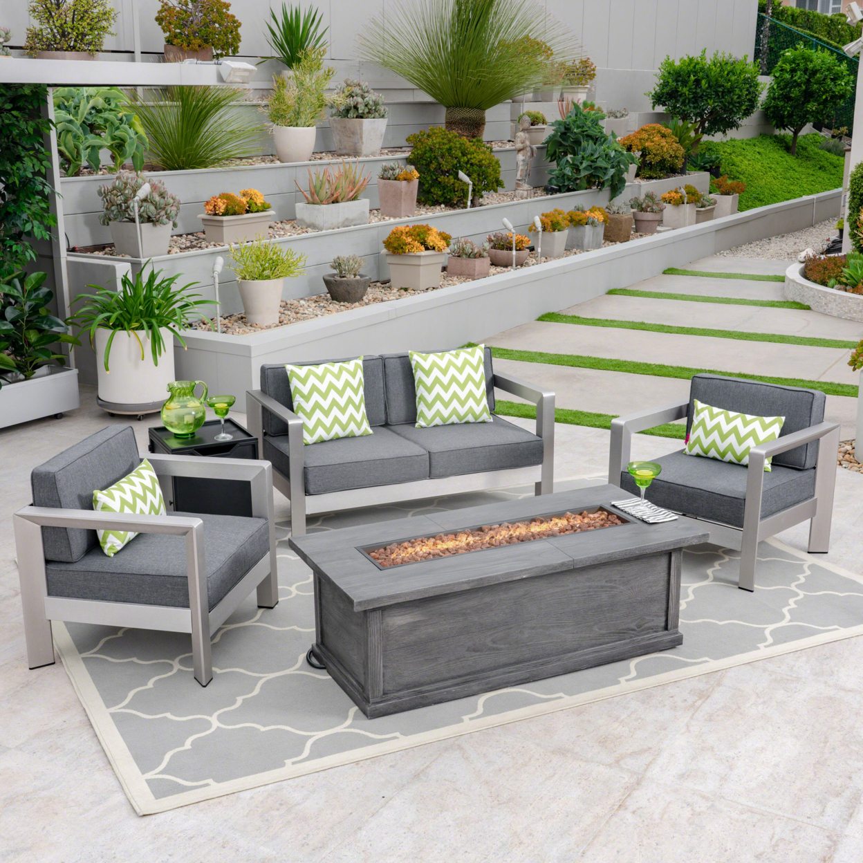 Mike Outdoor 4-Seater Aluminum Chat Set With Fire Pit And Tank Holder - Silver + Gray + Gray + Black