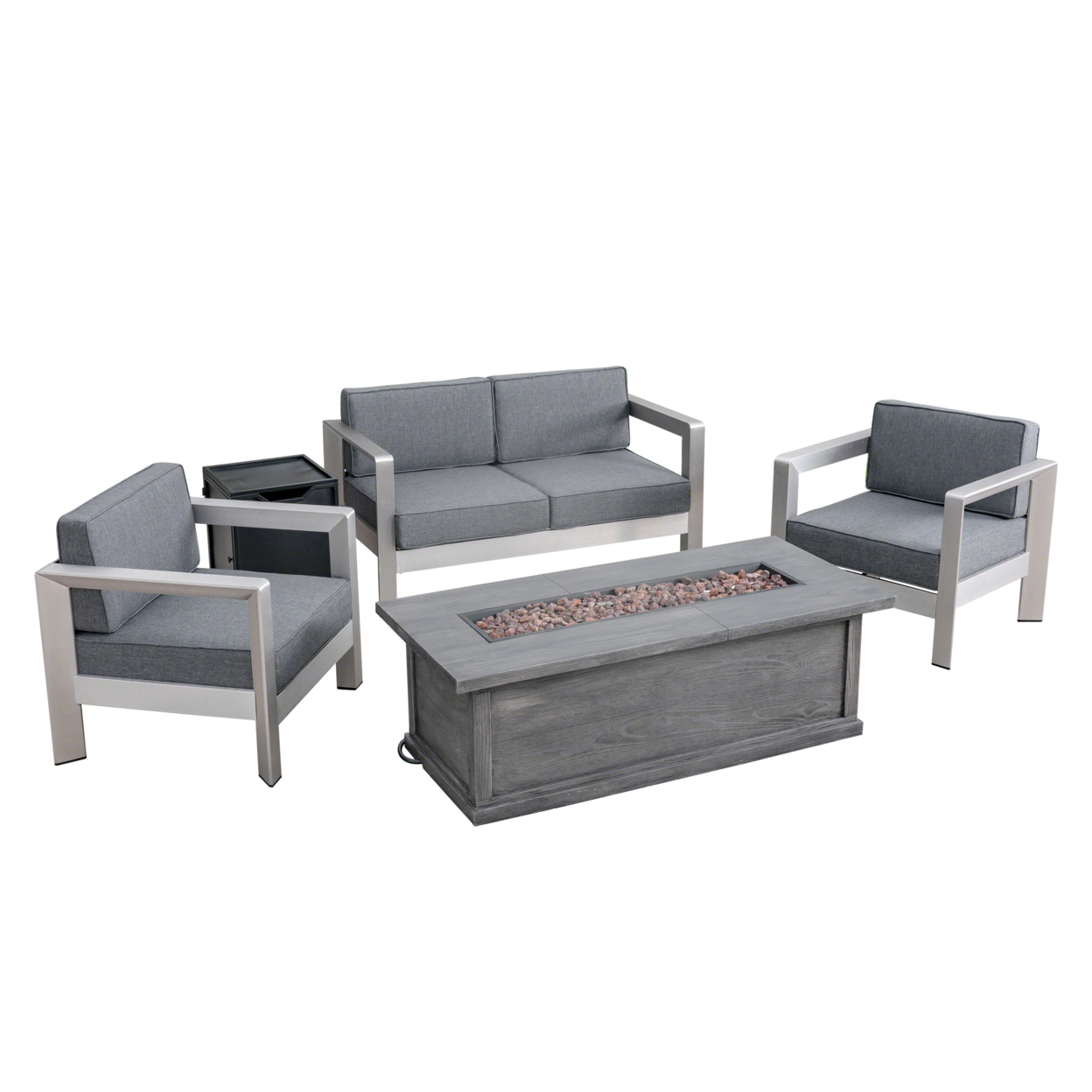 Mike Outdoor 4-Seater Aluminum Chat Set With Fire Pit And Tank Holder - Silver + Gray + Brown + Black