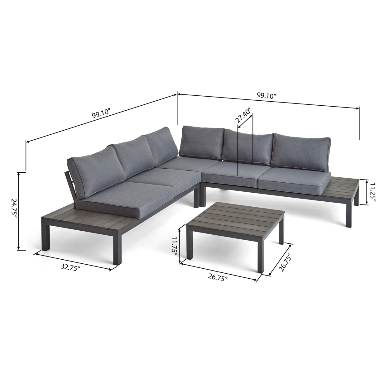 Leo Outdoor Aluminum V-Shaped Sectional Sofa Set