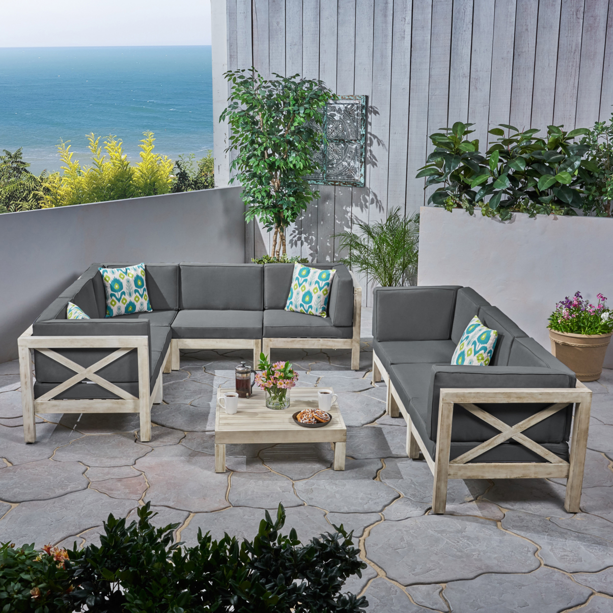 Arnold Outdoor Acacia Wood 8 Seater Sectional Sofa Set With Coffee Table - Weathered Gray + Dark Gray