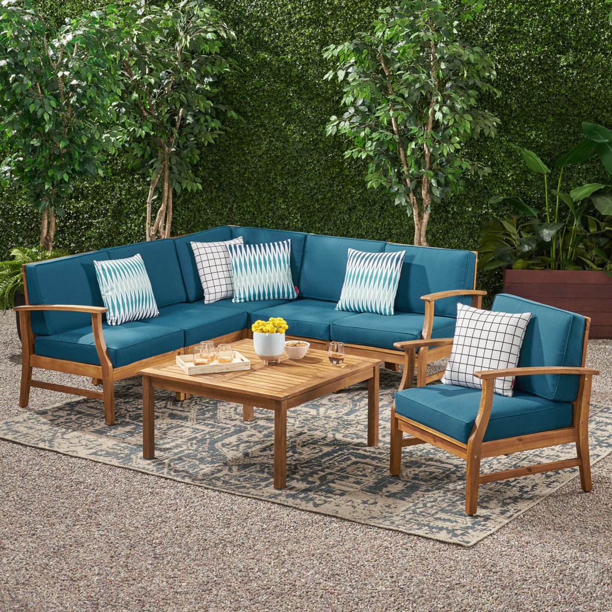 Capri Outdoor 7 Piece Teak Finished Acacia Wood Sofa Set - Blue