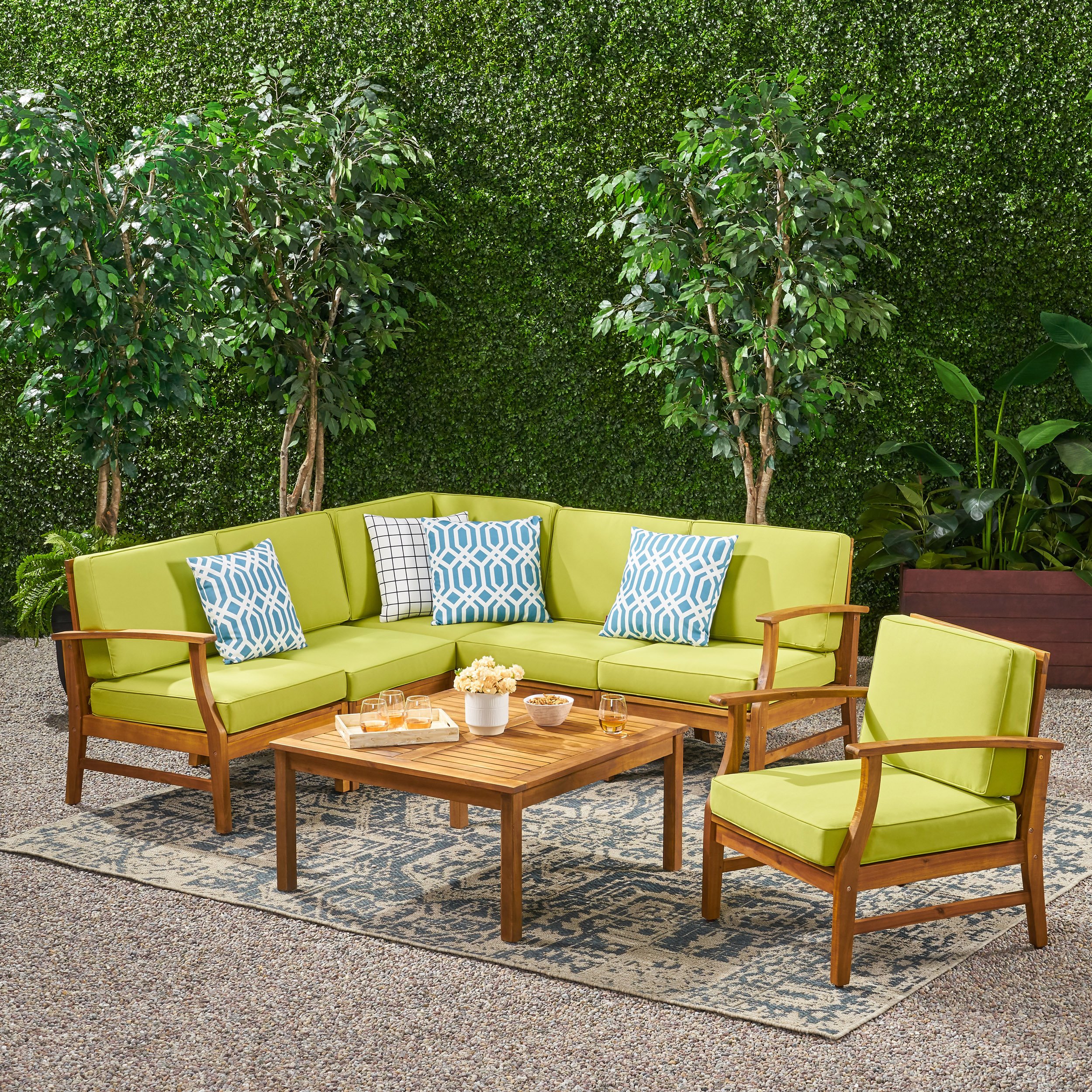 Capri Outdoor 7 Piece Teak Finished Acacia Wood Sofa Set - Green