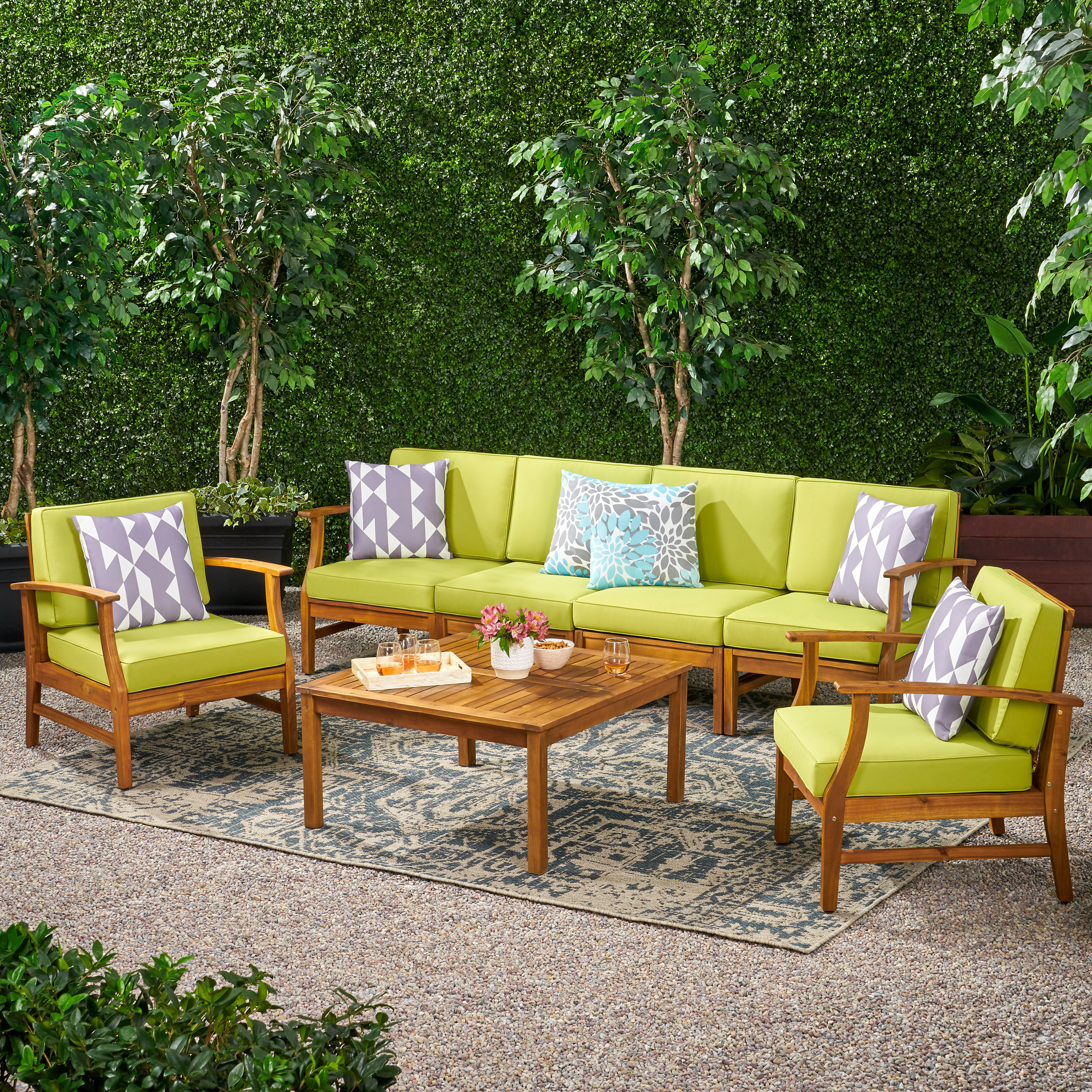 Scarlett Outdoor 6 Seat Teak Finished Acacia Wood Sofa And Table Set - Green