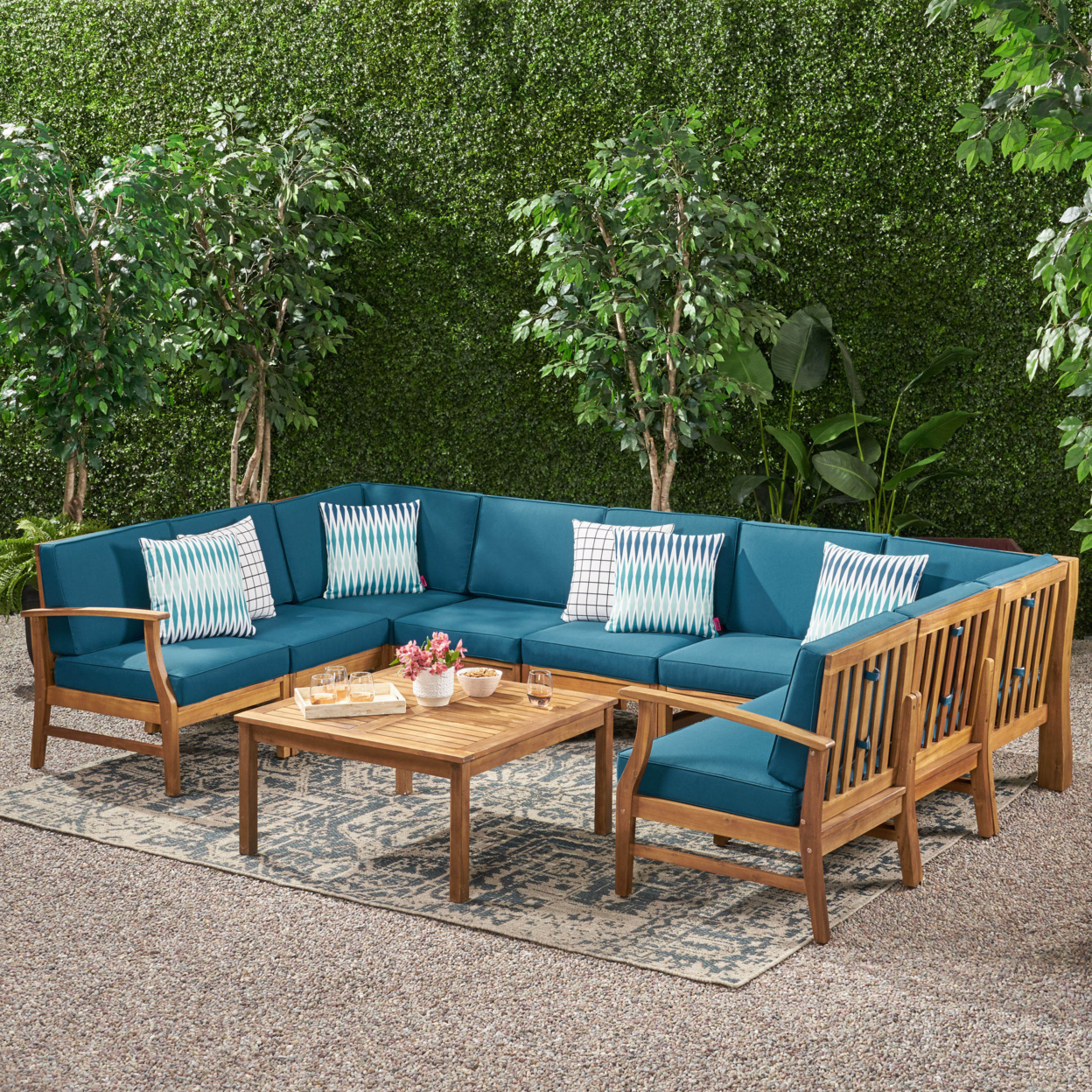 Judith Outdoor 9 Seater Acacia Wood Sectional Sofa Set With Cushions - Cream Cushion