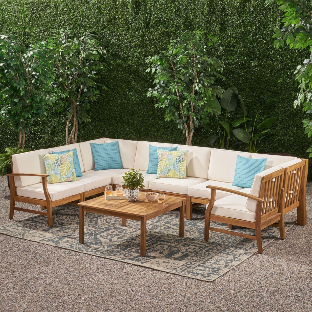Scarlett Outdoor 8 Seat Teak Finished Acacia Wood Sectional Sofa And Table Set - Blue