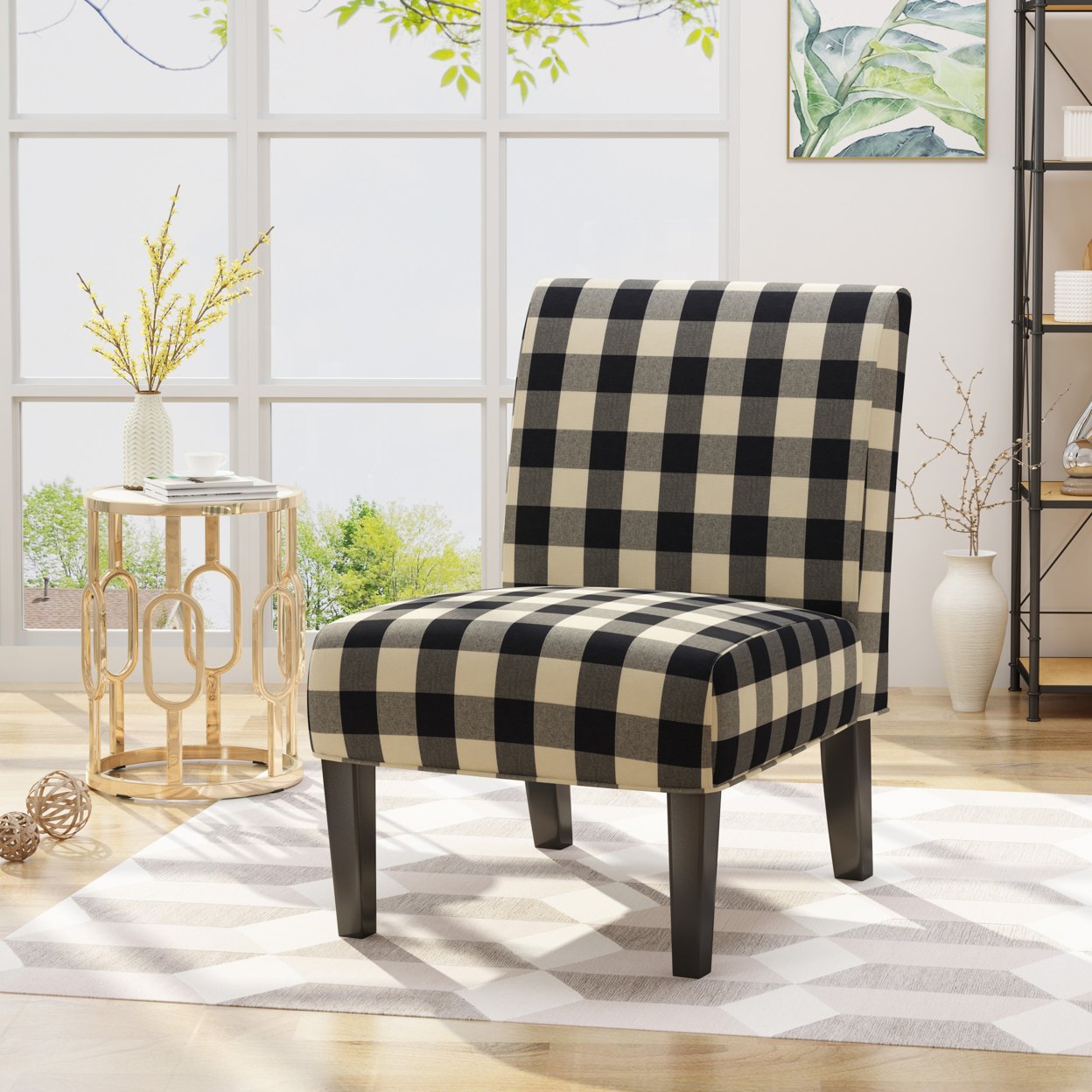 Kendal Traditional Upholstered Farmhouse Accent Chair - Black Checkerboard + Matte Black