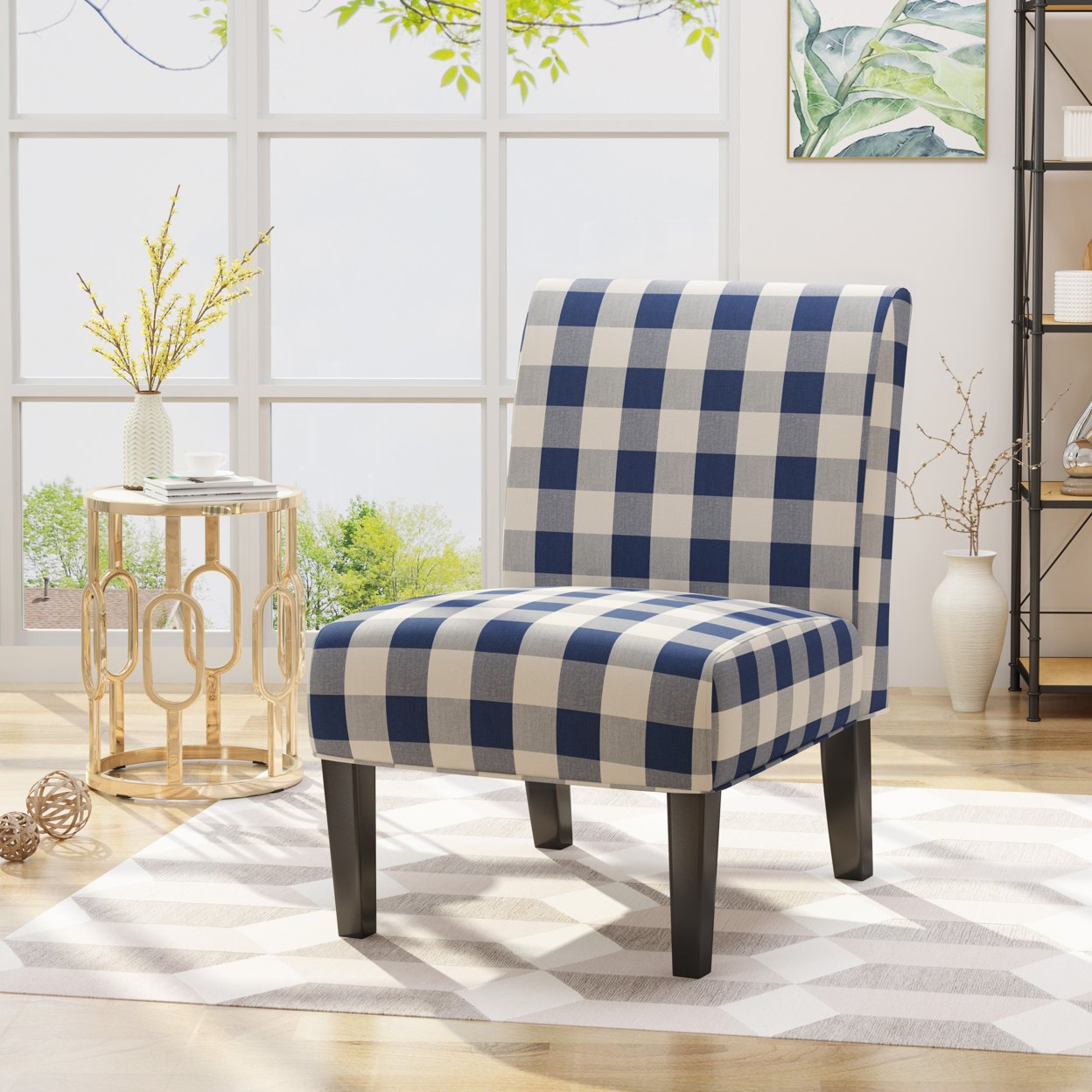 Kendal Traditional Upholstered Farmhouse Accent Chair - Black Checkerboard + Matte Black