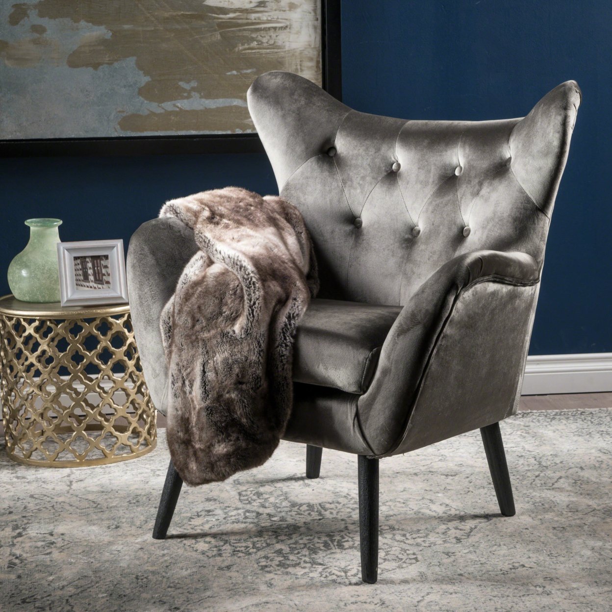 Danielle Velvet Arm Chair - Grey + Black