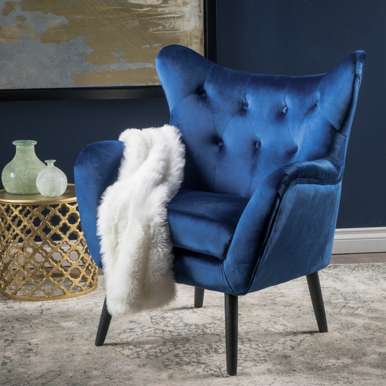 Danielle Velvet Arm Chair - Navy Blue + Black