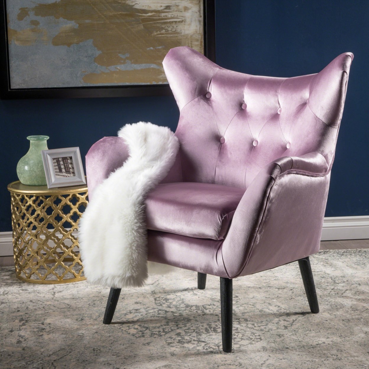 Danielle Velvet Arm Chair - Light Lavender + Black
