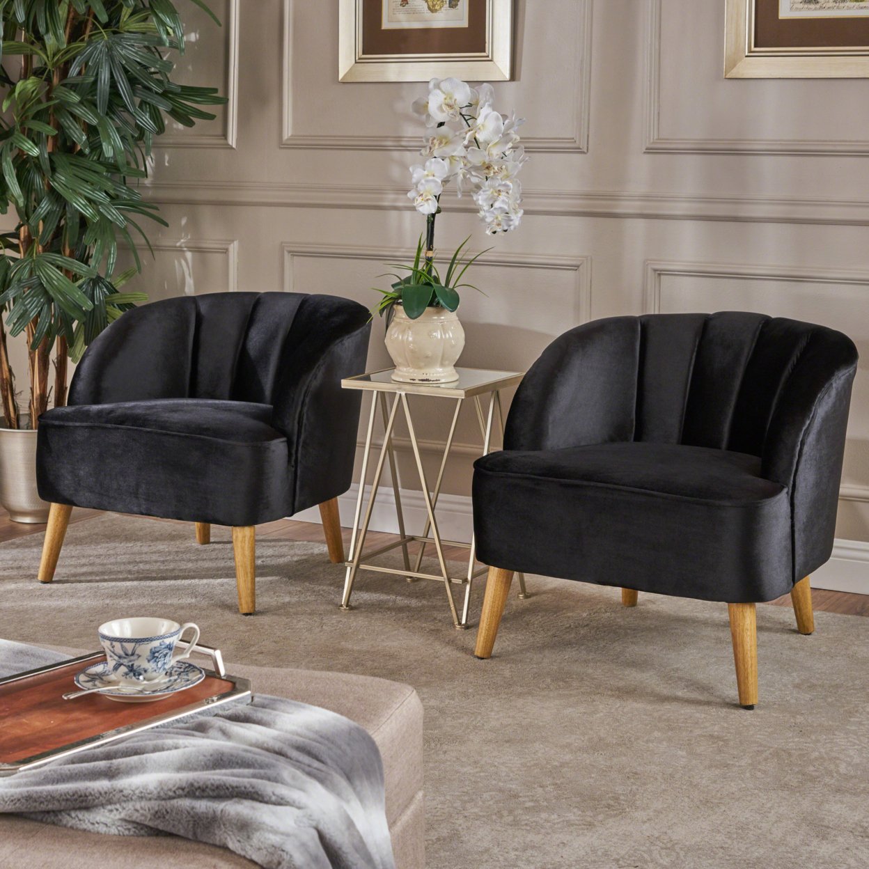 Scarlett Modern Cobalt Velvet Club Chairs (Set Of 2) - Black + Walnut