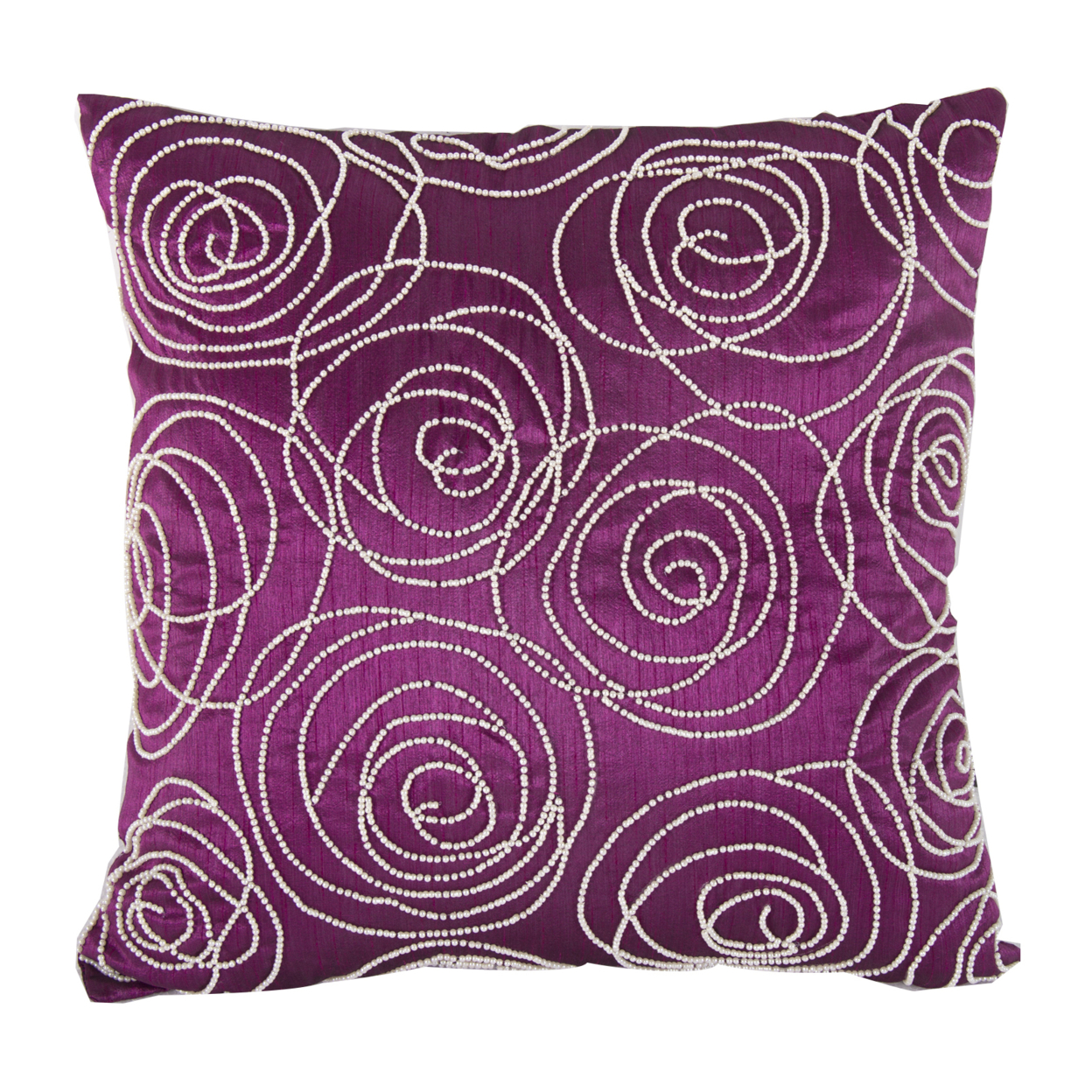 Faux Silk Cotton Pillow With Pearl Beads, Purple And Silver,- Saltoro Sherpi