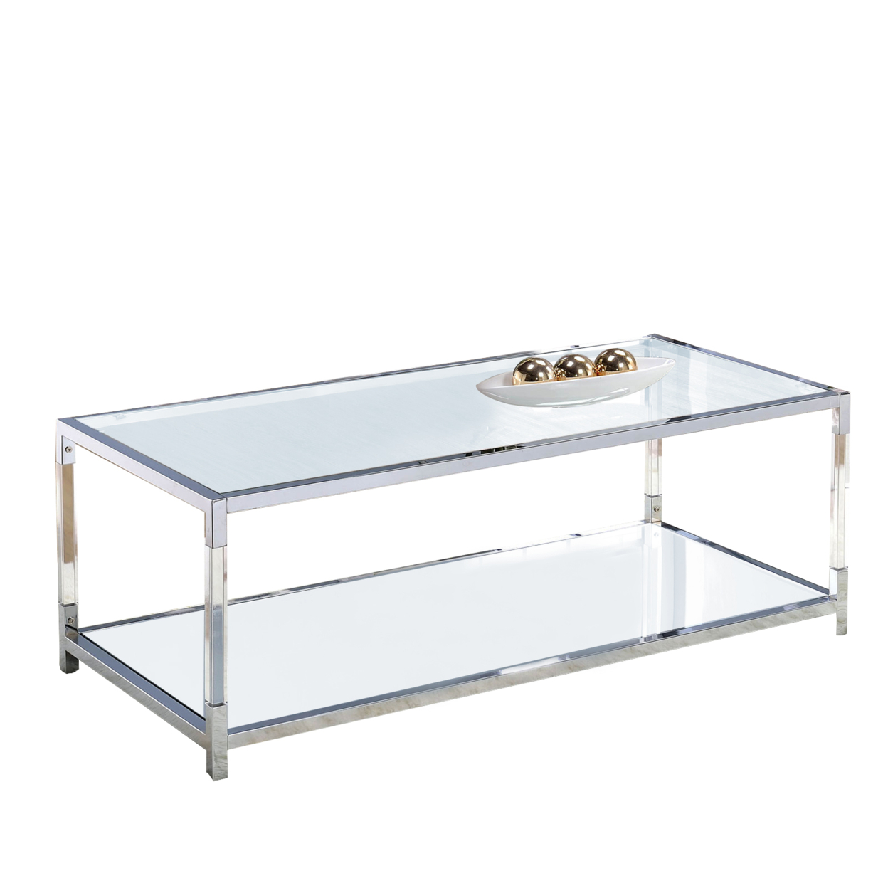 Glass Top Metal Coffee Table With Open Bottom Shelf, Silver And Clear- Saltoro Sherpi