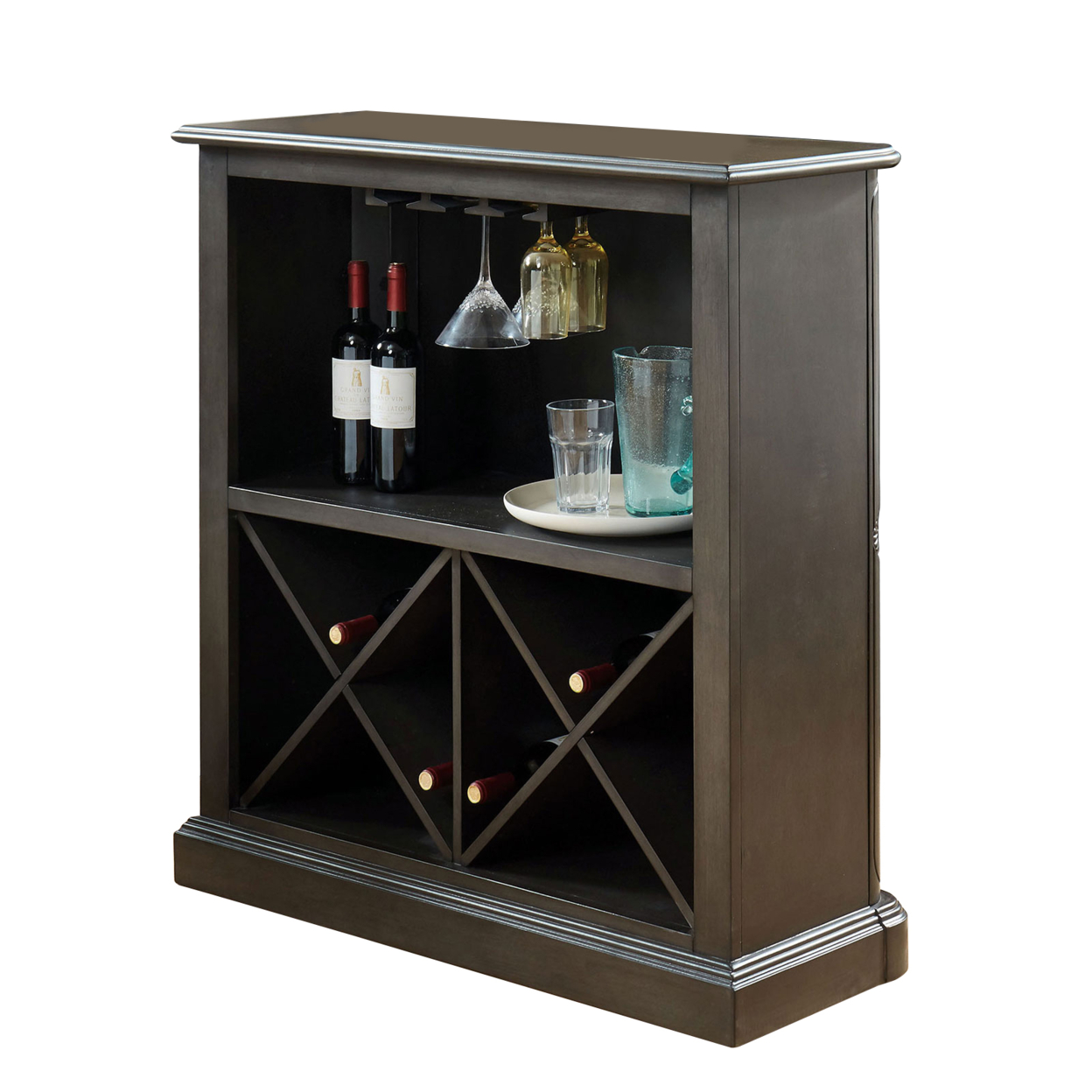 Wooden Bar Table With X Shaped Wine Holders And Wide Shelf, Gray- Saltoro Sherpi