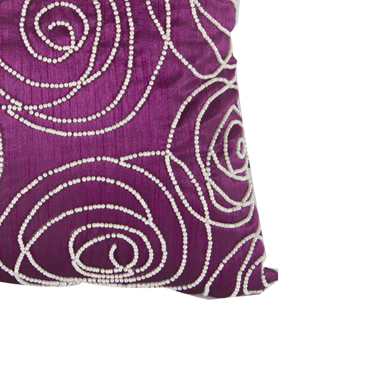 Faux Silk Cotton Pillow With Pearl Beads, Purple And Silver,- Saltoro Sherpi