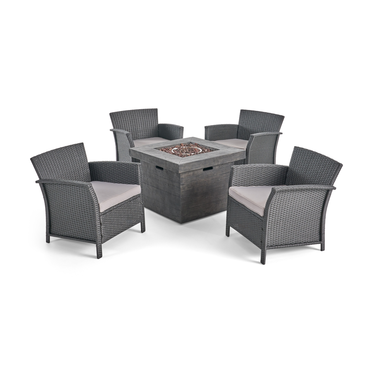 Sarah Outdoor 4 Piece Wicker Club Chair Chat Set With Fire Pit - Gray + Silver