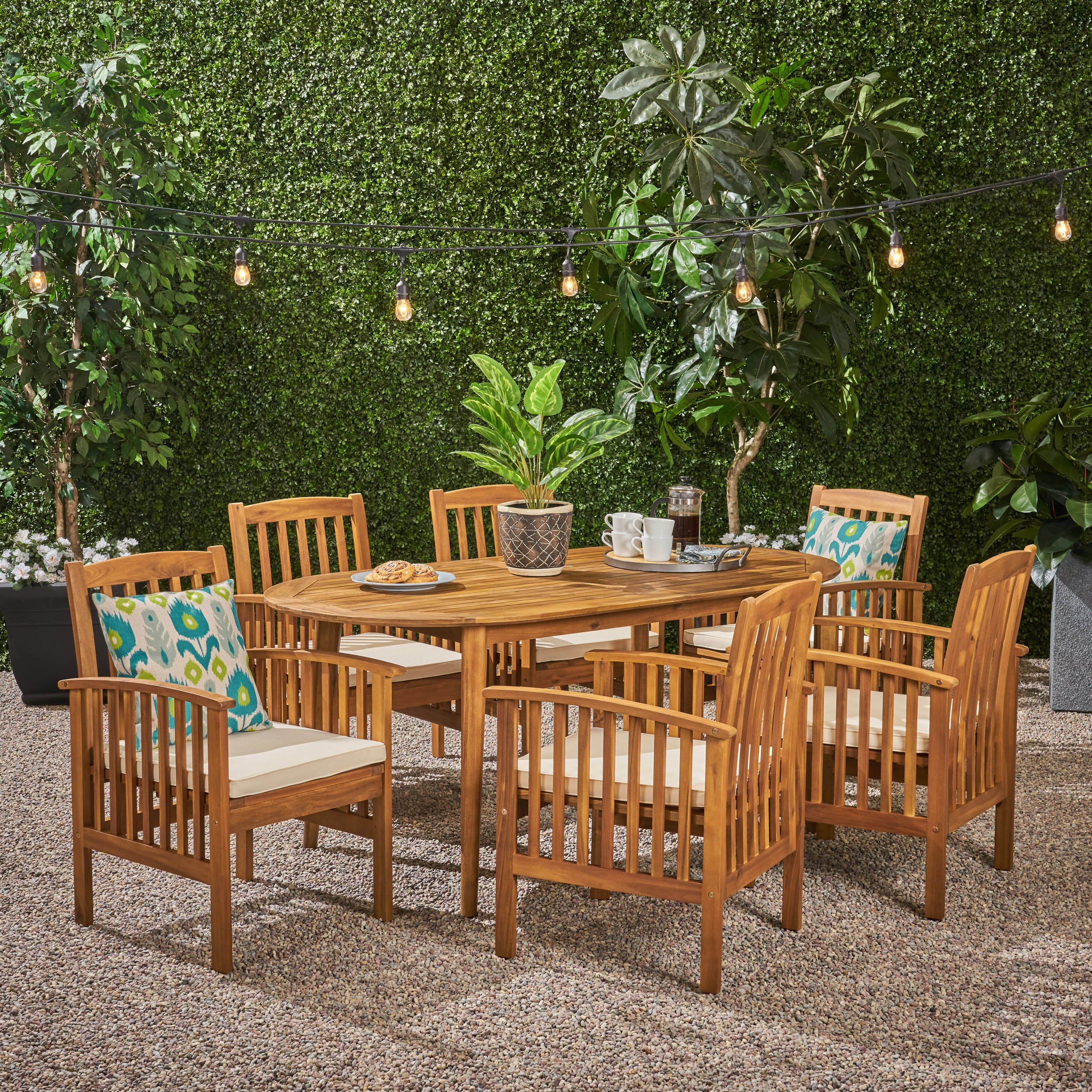 Spring Acacia Patio Dining Set, 6-Seater, 71 Oval Table With Straight Legs - Teak / Cream