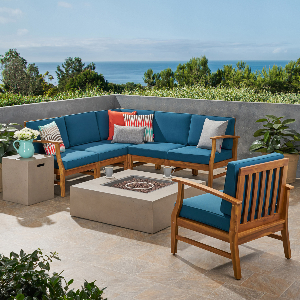 Janice Outdoor 6 Seater Acacia Wood Sofa Set With Square Fire Table And Tank - Teak + Blue + Light Gray