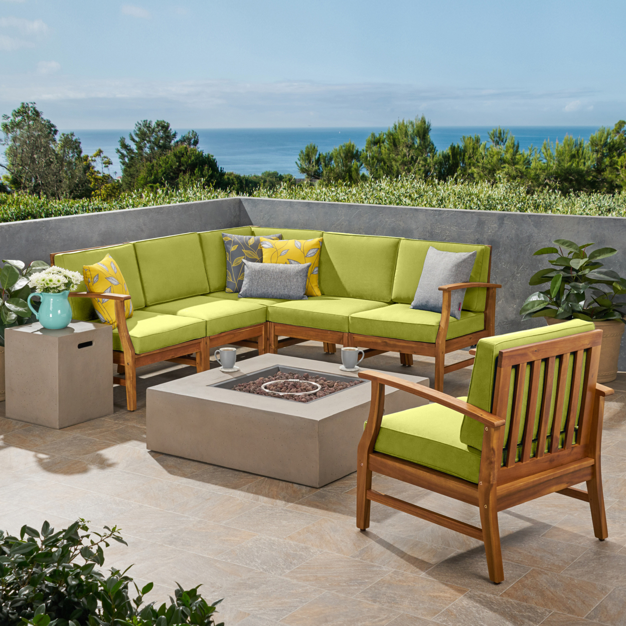 Janice Outdoor 6 Seater Acacia Wood Sofa Set With Square Fire Table And Tank - Teak + Green + Light Gray