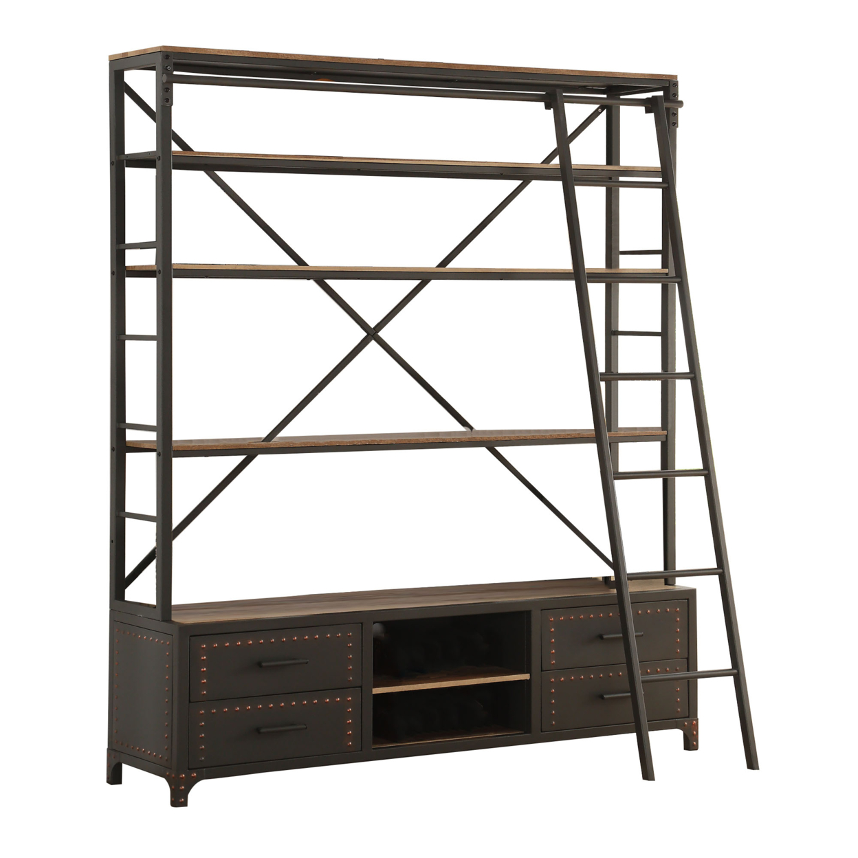 Wood And Metal Bookshelf With Built In Sliding Ladder, Gray And Brown- Saltoro Sherpi