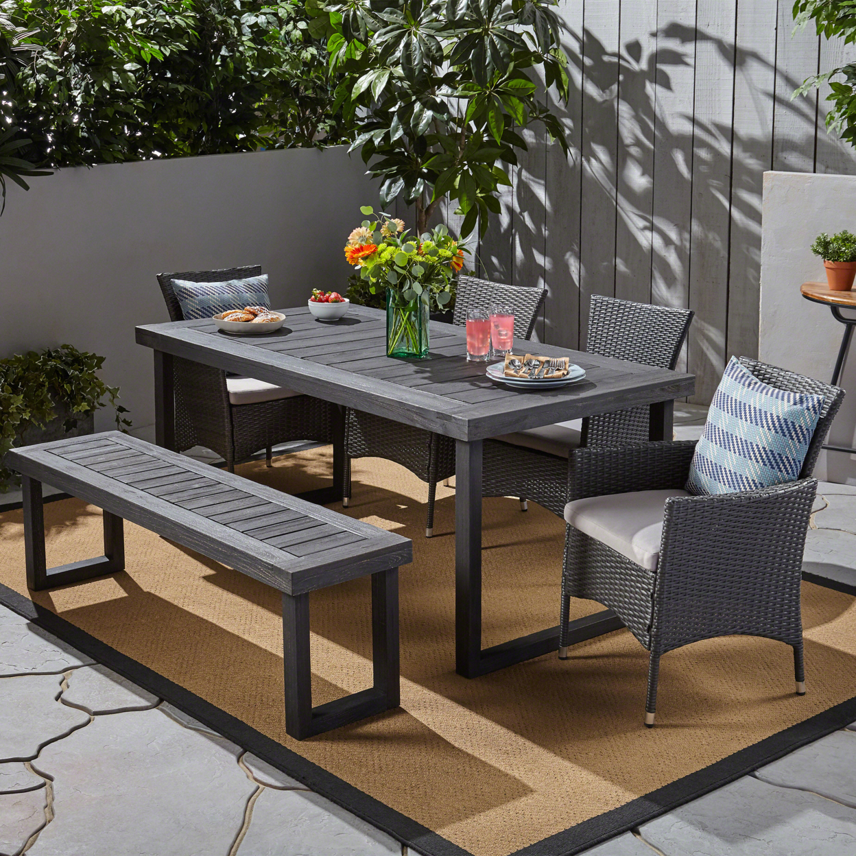 Arrow Outdoor 6-Seater Aluminum Dining Set With Wicker Chairs And Bench - Sandblast Dark Grey + Gray + Silver