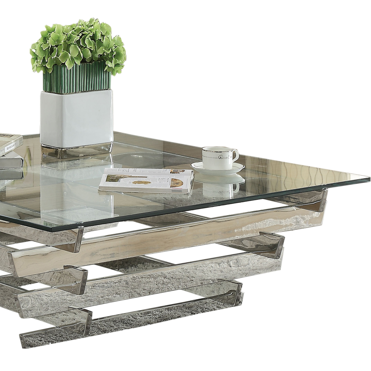 Glass Top Coffee Table With Asymmetrical Metal Base, Silver And Clear- Saltoro Sherpi