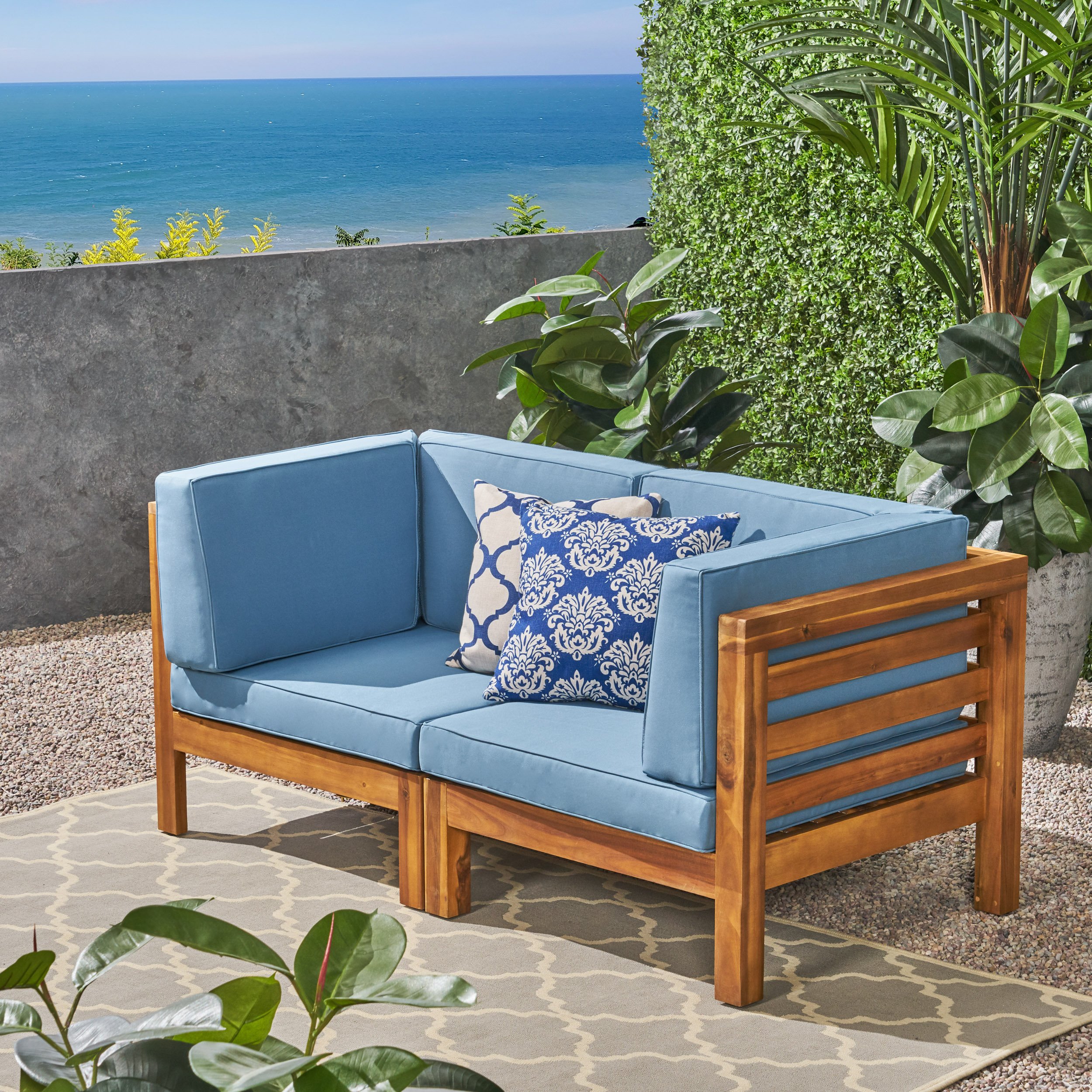 Great Deal Furniture Dawson Outdoor Sectional Loveseat Set - 2-Seater - Acacia Wood - Outdoor Cushions - Teak + Blue