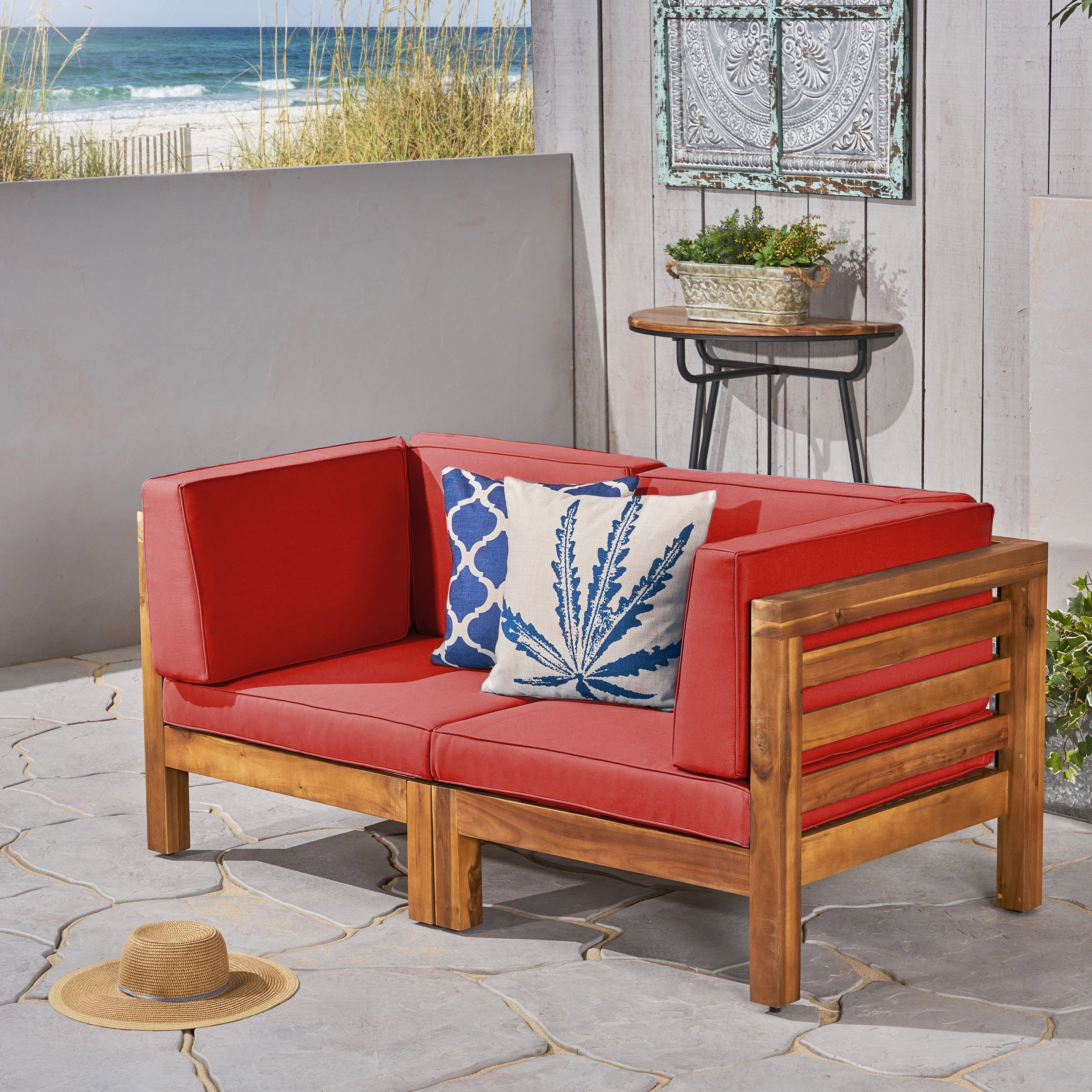 Great Deal Furniture Dawson Outdoor Sectional Loveseat Set - 2-Seater - Acacia Wood - Outdoor Cushions - Teak + Red