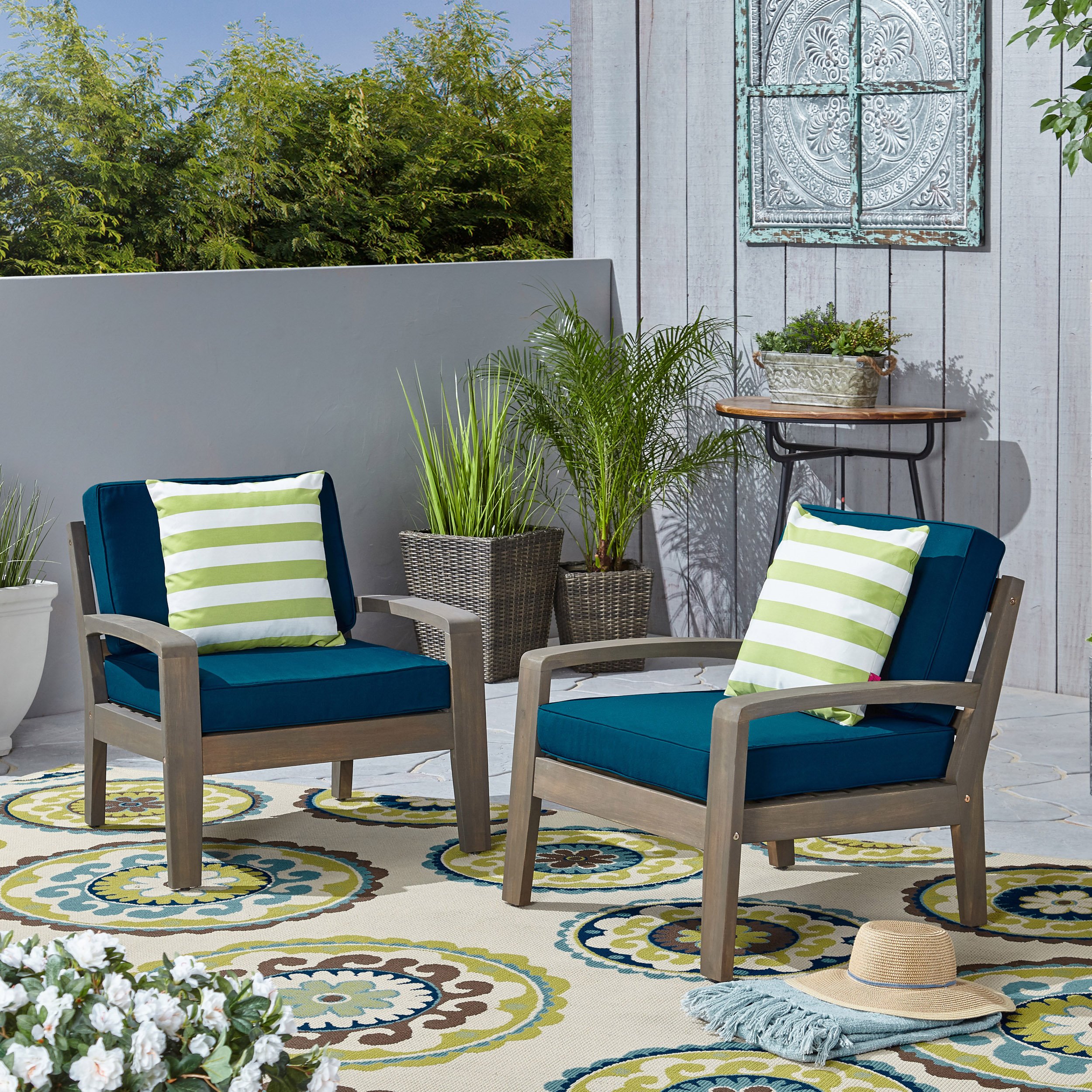 Giselle Outdoor Acacia Wood Club Chairs With Sunbrella Cushions - Gray + Sunbrella Navy Blue, Set Of 4