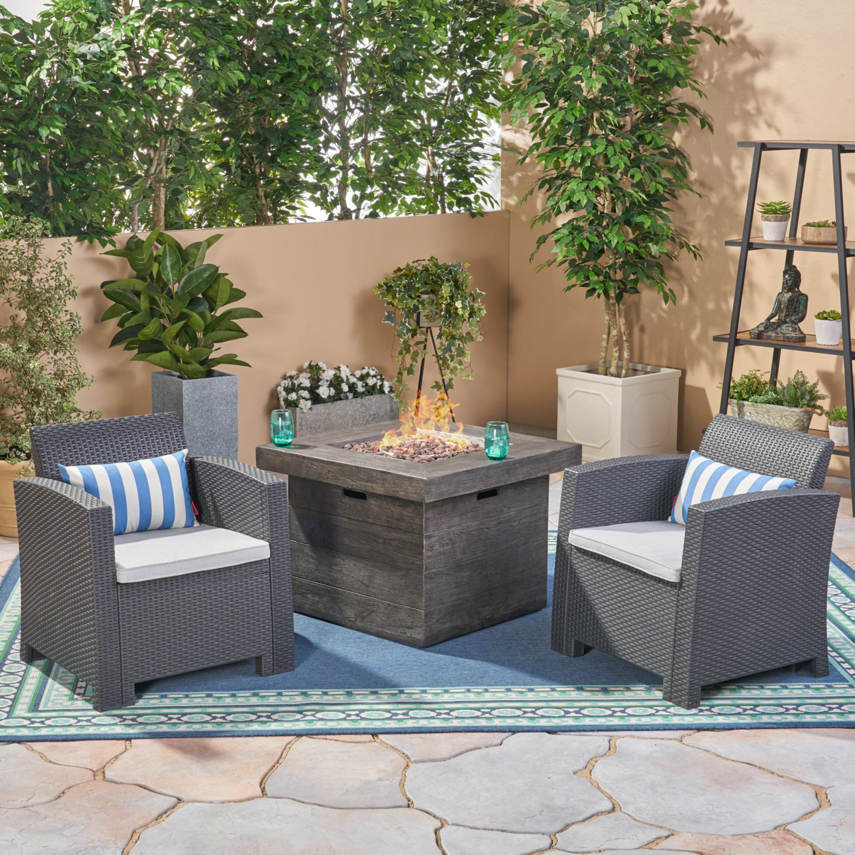 Ollie Outdoor Wicker Club Chair Chat Set With Fire Pit - Charcoal + Light Gray + Gray