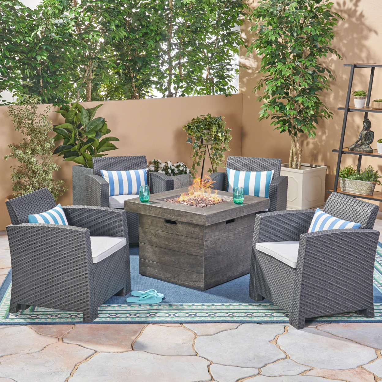 Ollie Outdoor For 4 Wicker Club Chair Chat Set With Fire Pit - Charcoal + Light Gray + Gray