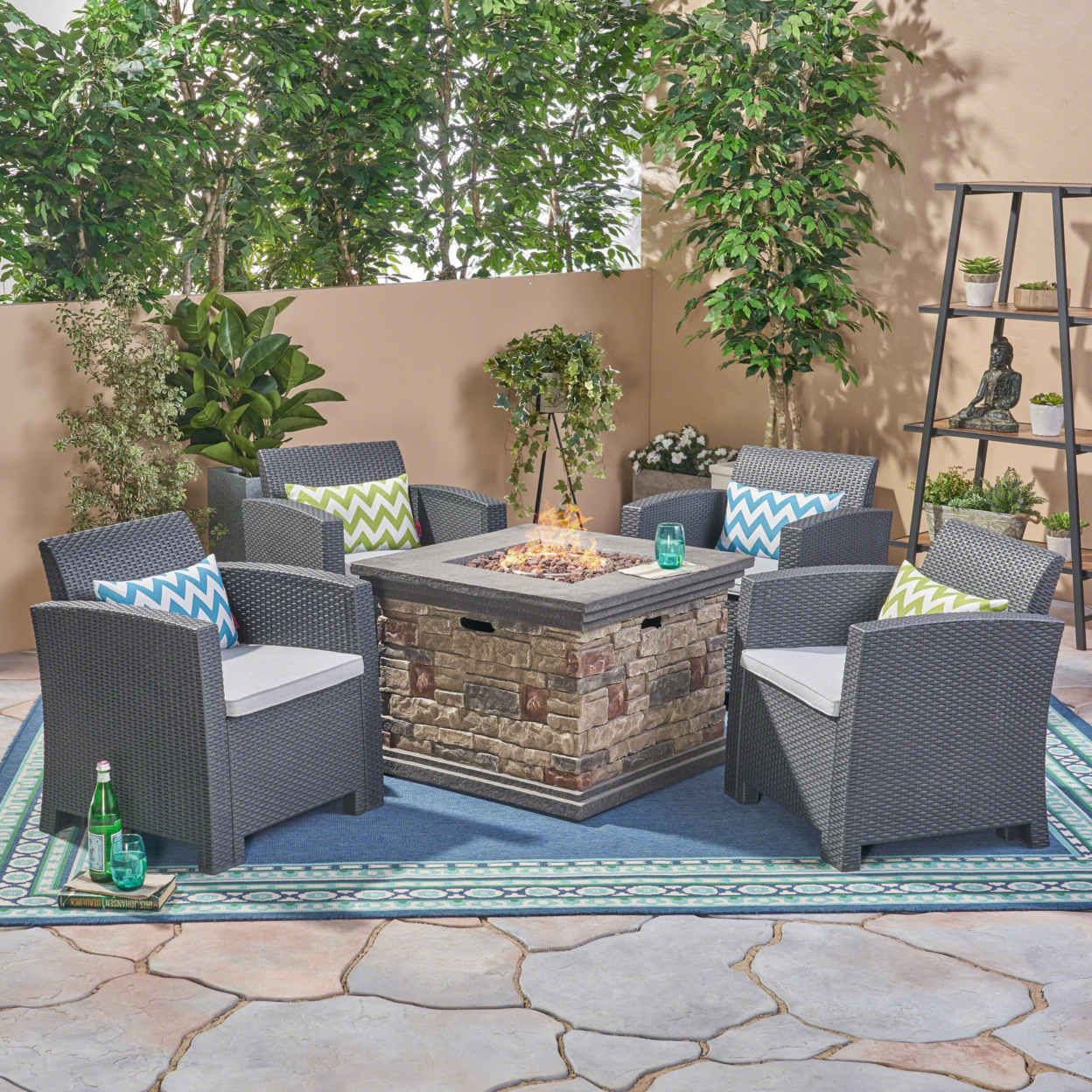 Casey Outdoor Club Chair Chat Set With Fire Pit - Charcoal + Light Gray + Stone