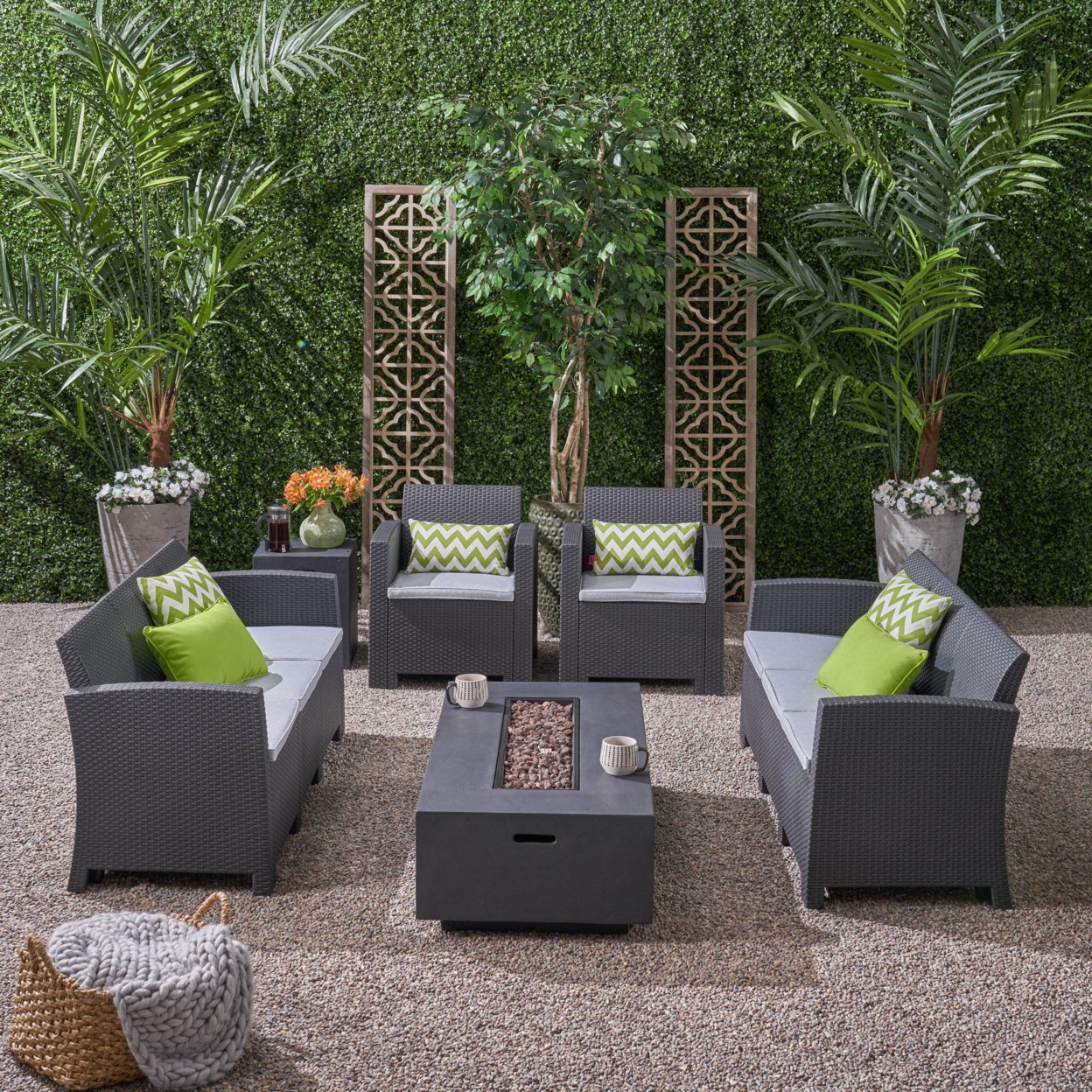 Denise Outdoor Wicker Chat Set With Fire Pit And Tank Holder - Charcoal + Light Gray + Dark Gray