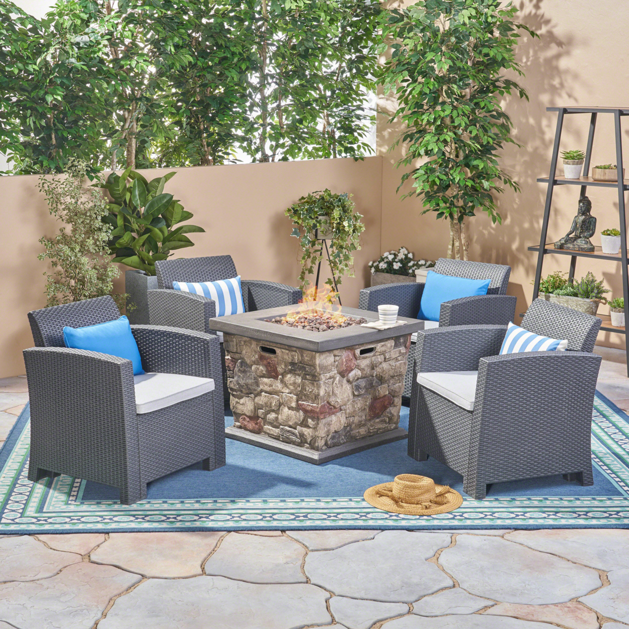 Maggie Outdoor Chat Set With Fire Pit - Charcoal + Light Gray