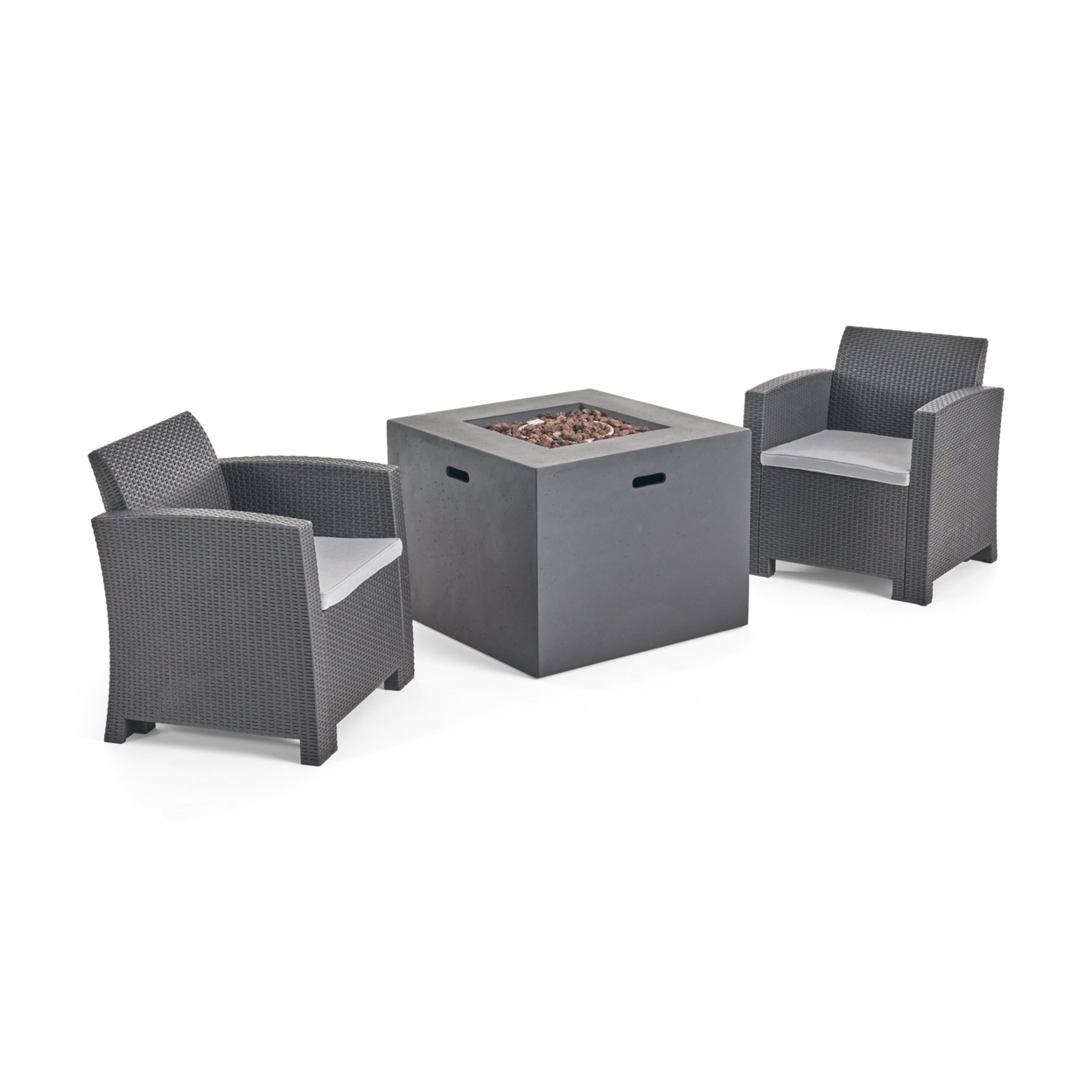 Agatha Outdoor Wicker Club Chair Chat Set With Propane Fire Pit - Charcoal + Light Gray