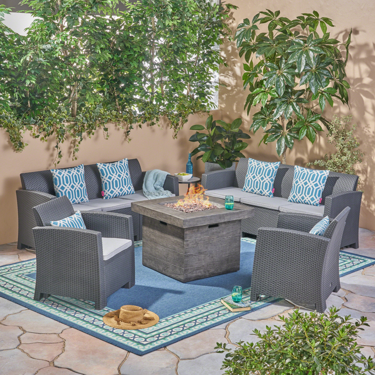 Irwin Outdoor Wicker Chat Set With Fire Pit - Charcoal + Light Gray + Gray