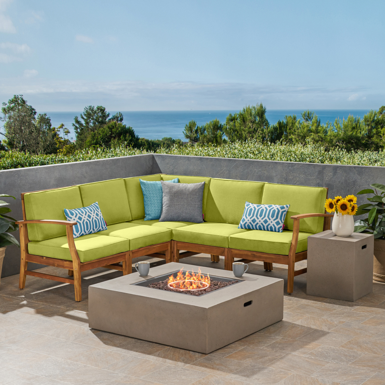 Esther Outdoor 5 Seater V-Shaped Acacia Wood Sofa Set With Square Fire Pit - Teak + Creme + Light Gray