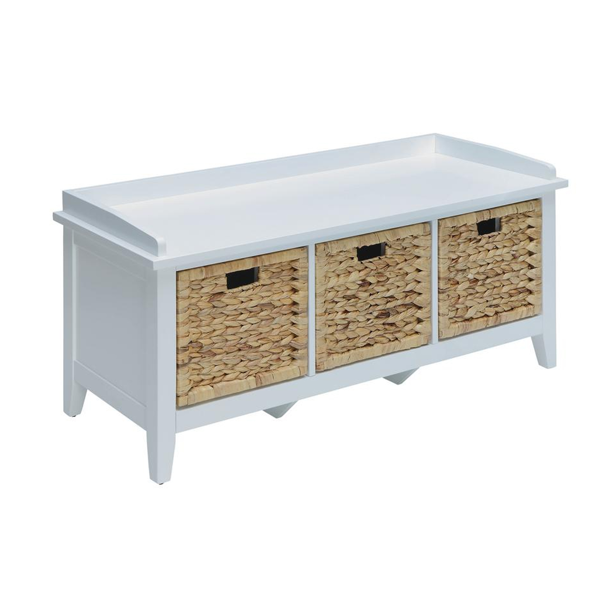Rectangular Wooden Bench With Storage Basket, White- Saltoro Sherpi