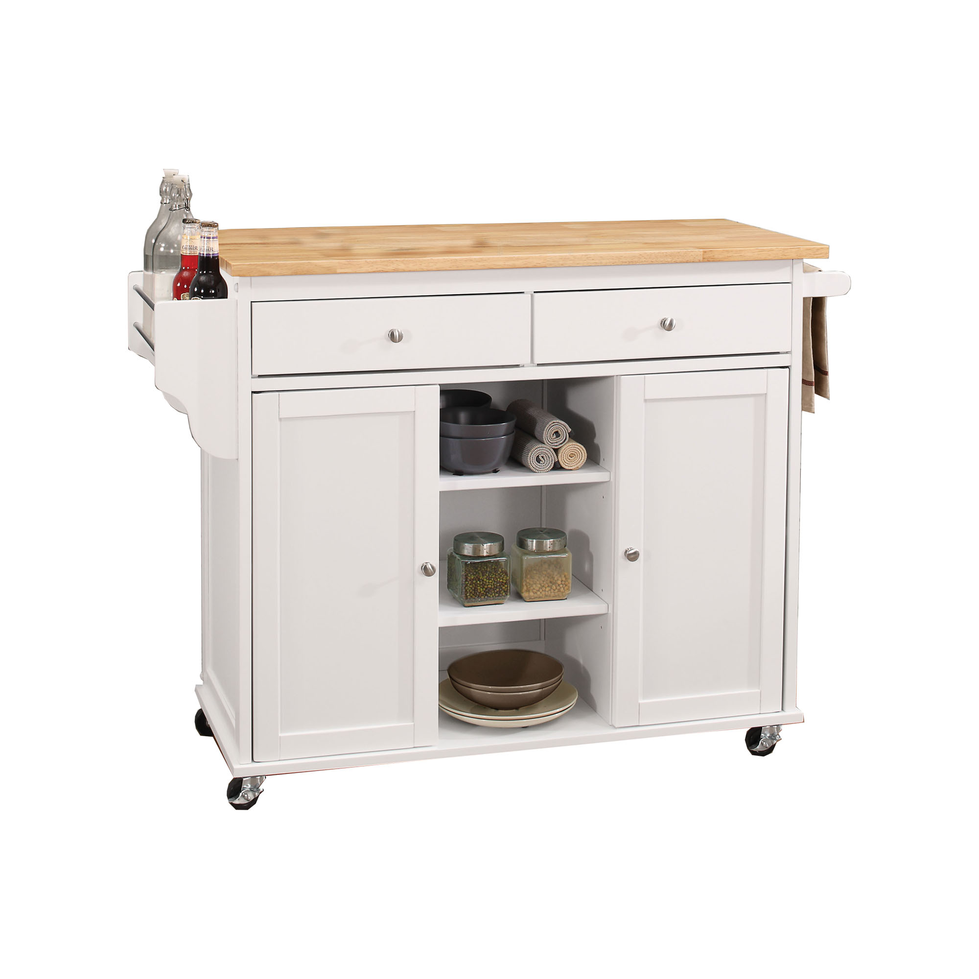 Kitchen Cart With Wooden Top, Natural & White- Saltoro Sherpi