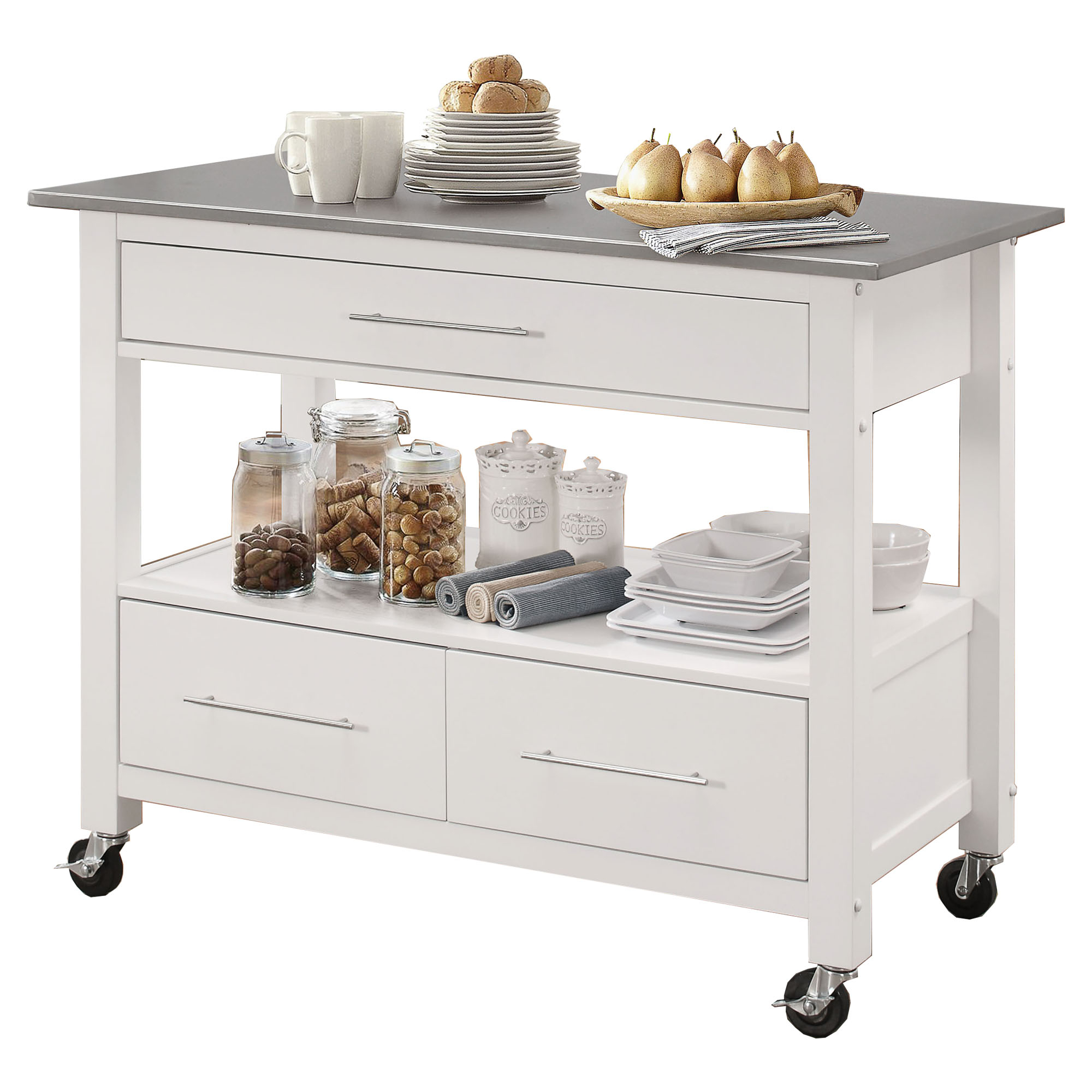 43 Inch Kitchen Cart, 3 Drawers, Open Shelf, Stainless Steel Top, White