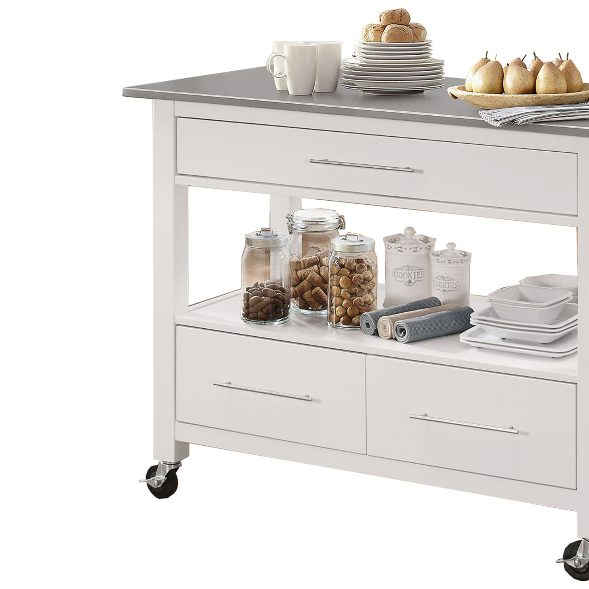 43 Inch Kitchen Cart, 3 Drawers, Open Shelf, Stainless Steel Top, White