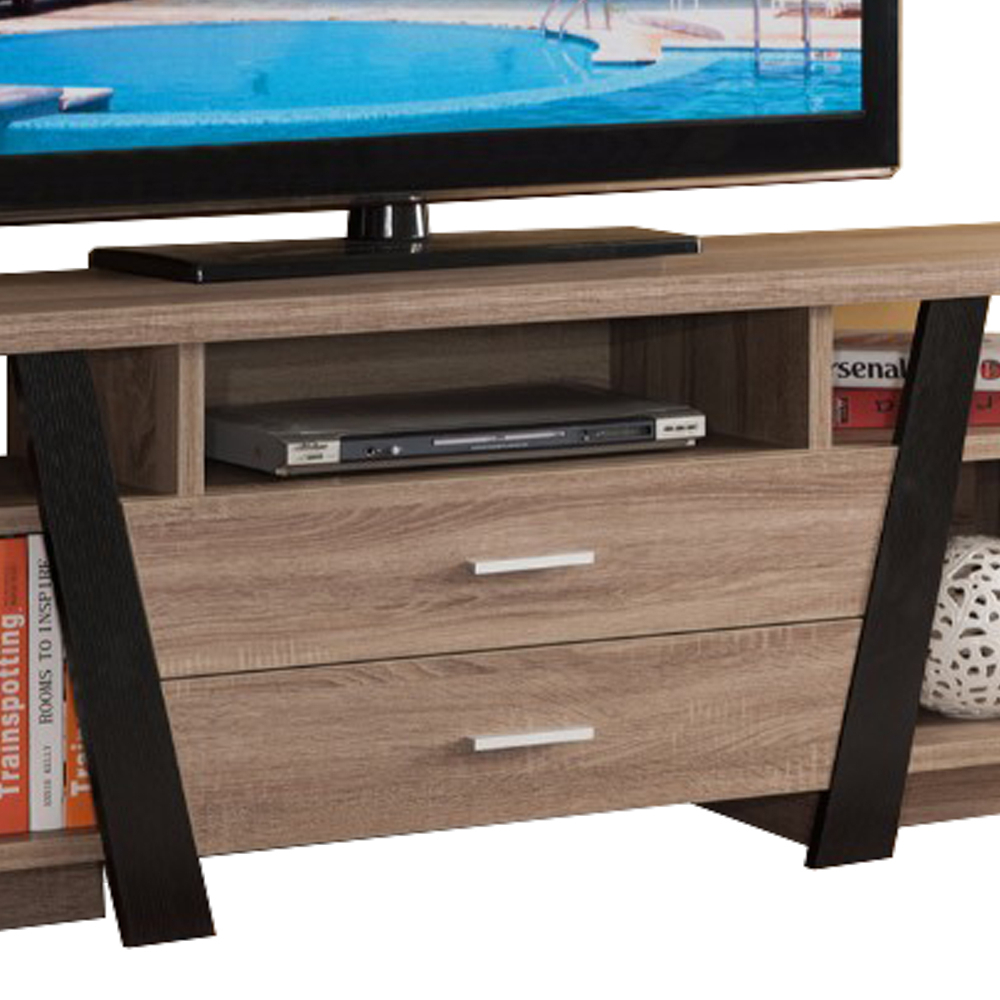 Striking TV Stand With Storage Option, Black And Light Brown- Saltoro Sherpi