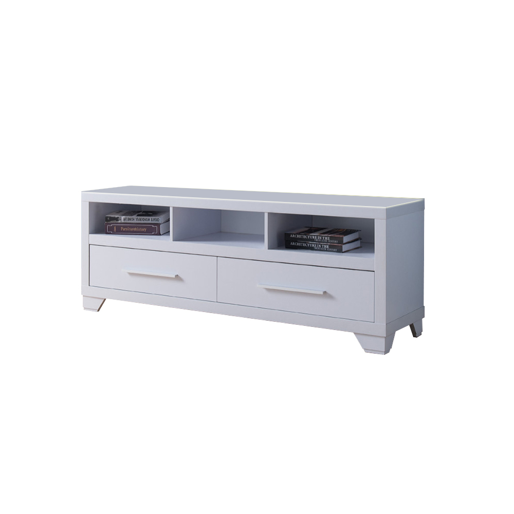 Wooden TV Stand With 2 Drawers & 3 Open Shelves, White- Saltoro Sherpi
