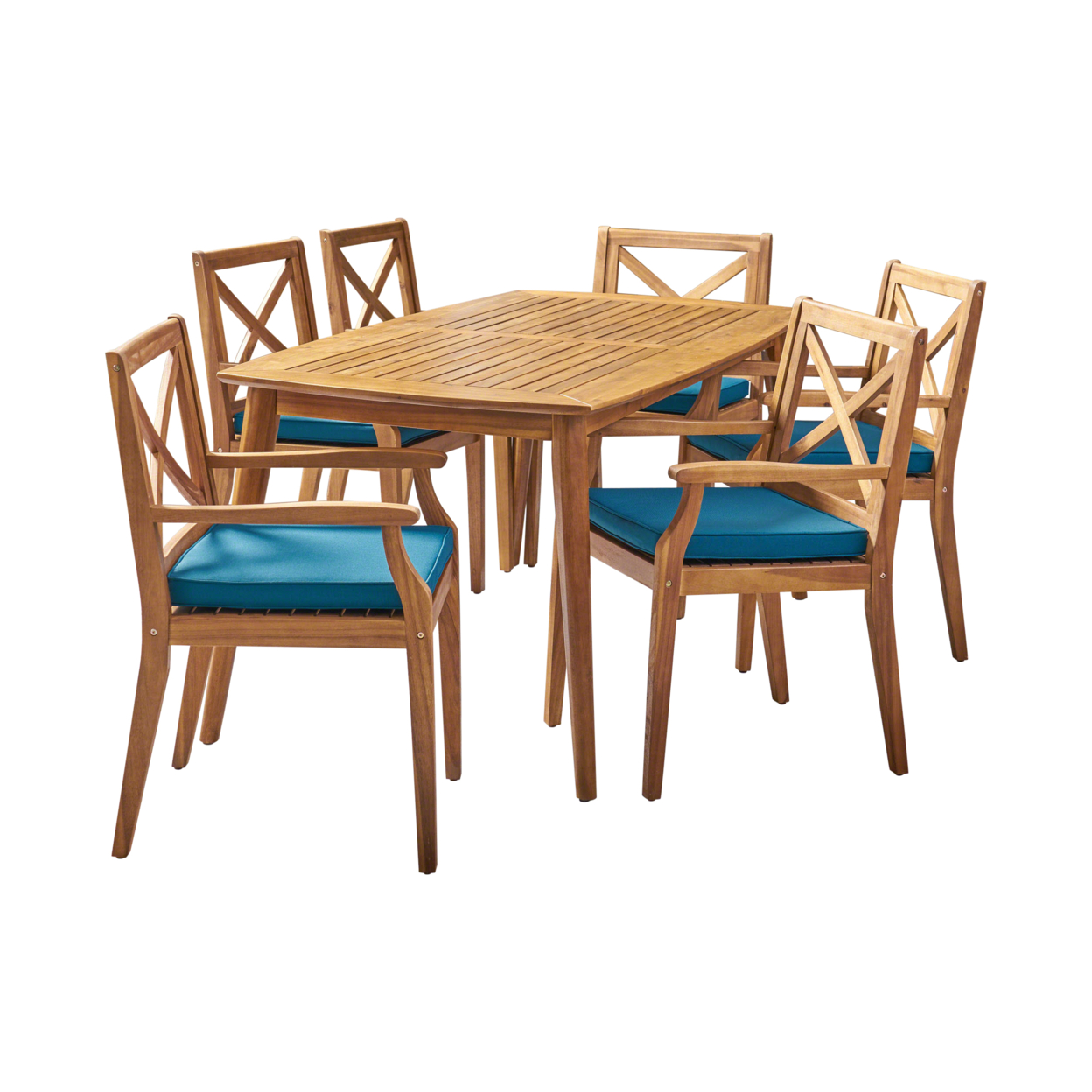 Henry Outdoor 7 Piece Acacia Wood Dining Set - Teak Finish + Blue