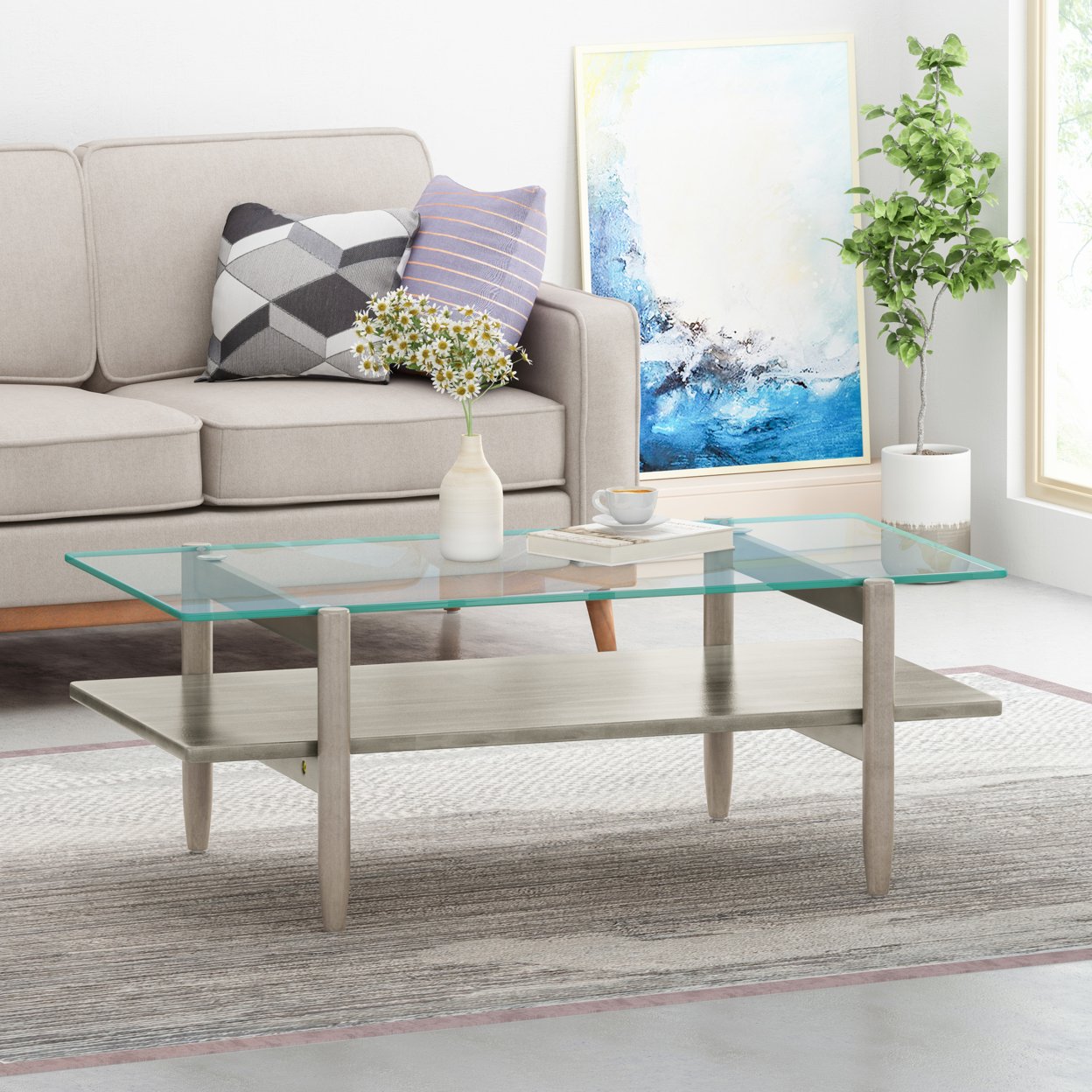 Mumford Acacia Wood Coffee Table With Tempered Glass Top - Gray Finish