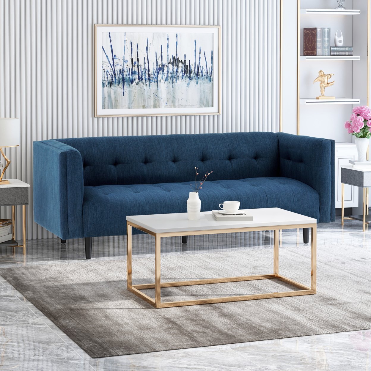 Plano Mid-Century Modern Fabric Upholstered Tufted 3 Seater Sofa - Navy Blue + Dark Brown