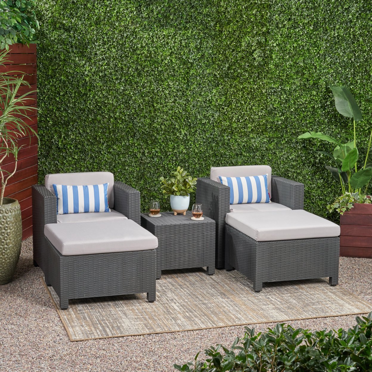 Dottie Outdoor Wicker 2 Seater Chat Set With Ottomans - Dark Gray + Gray