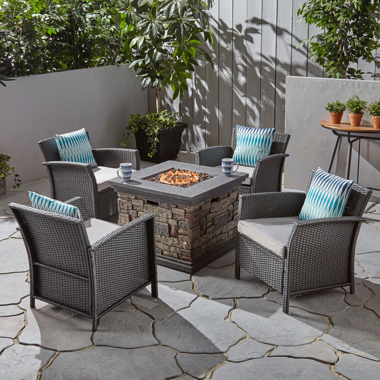 Riley Lucia Outdoor 4 Piece Wicker Club Chair Chat Set With Fire Pit - Gray + Silver + Stone