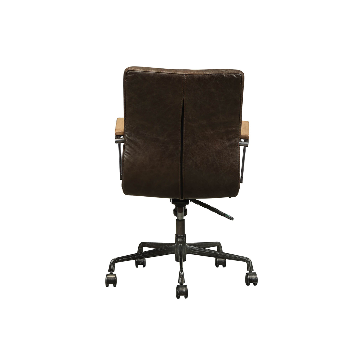 Leatherette Upholstered Metal Swivel Executive Chair With Curved Wooden Armrest, Brown And Black- Saltoro Sherpi