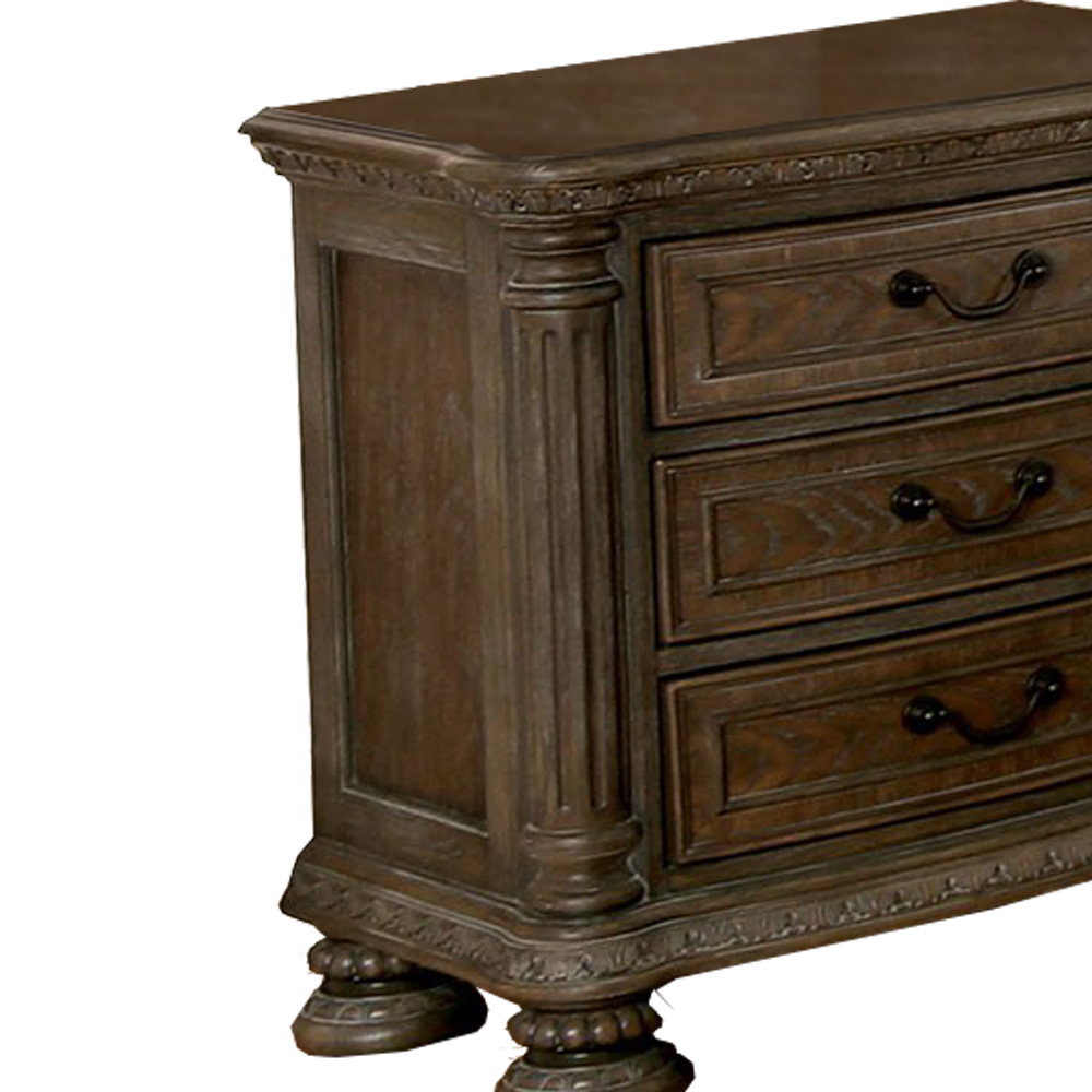 Wooden Nightstand With 3 Drawers And Intricate Carving Details, Brown- Saltoro Sherpi